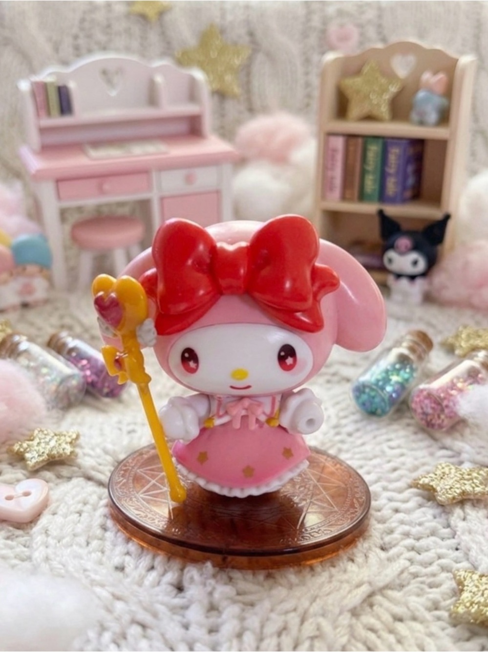 🩷Sanrio My Melody Pink Figure with Red Bow and Yellow Staff🩷